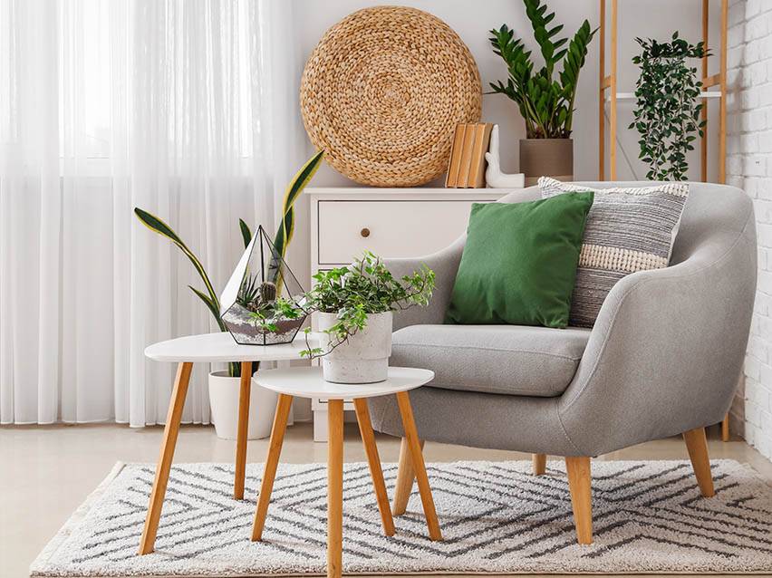 Grauer Sessel, Holztische, grüne Pflanzen und Terrarien: moderne Einrichtung.