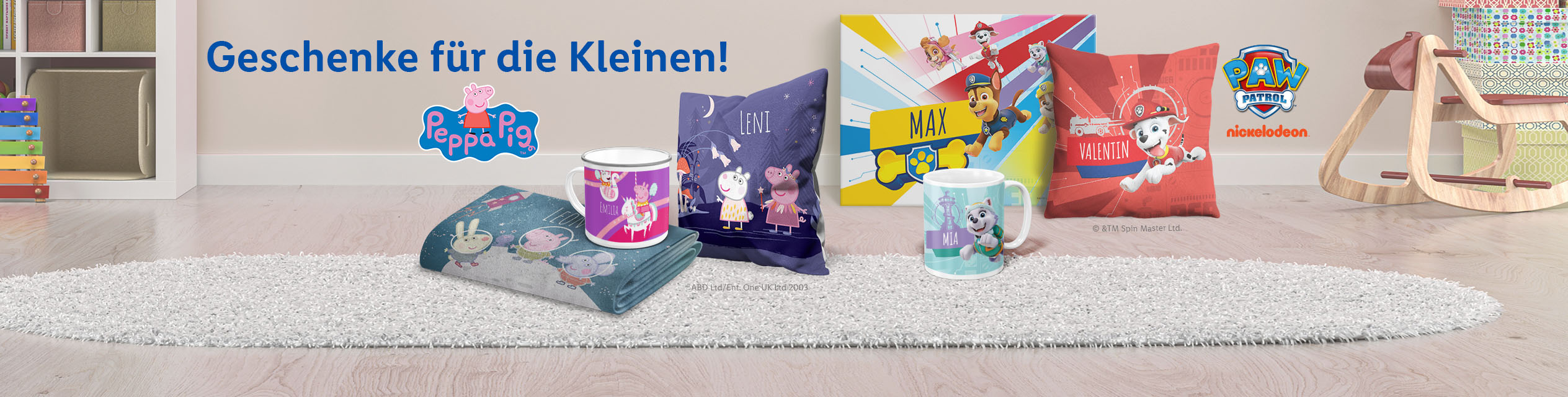 Peppa Pig und Paw Patrol Tassen, Kissen und Decken für Kinder.
