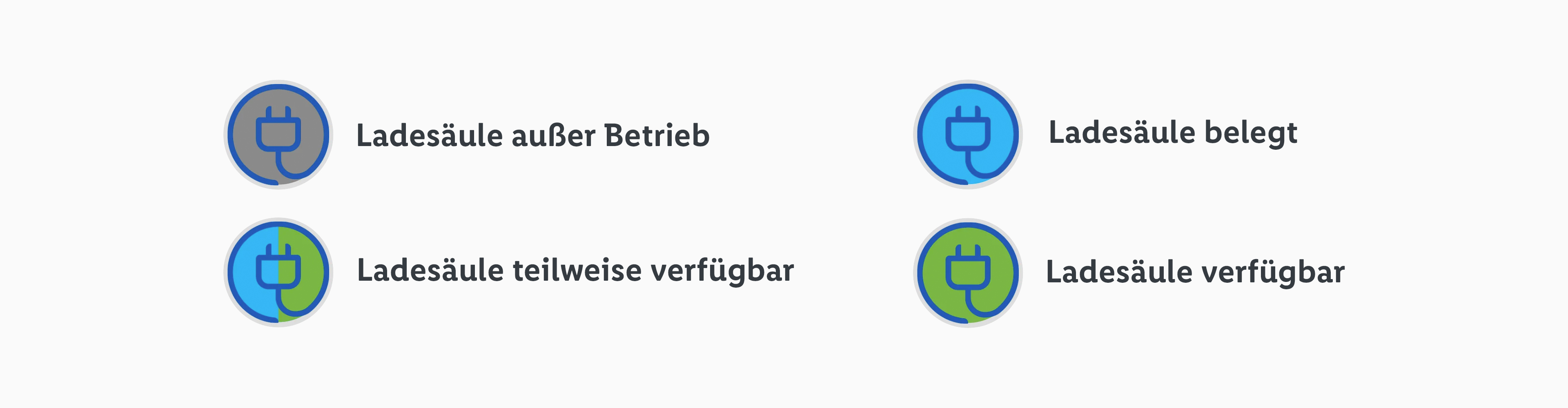 Ladestation Status: außer Betrieb, belegt, teilweise verfügbar, verfügbar.