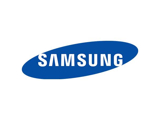 Samsung Logo auf blauem Hintergrund.