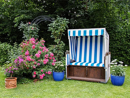 Strandkorb und Rosen im Garten.