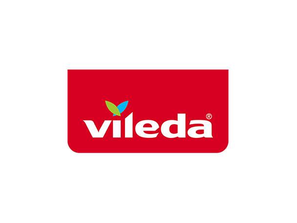 Vileda-Logo auf rotem Hintergrund.
