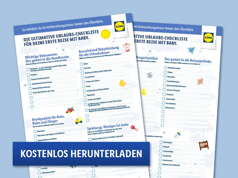 LIDL: Packliste für die erste Reise mit Baby.  Enthält Vorschläge für Kleidung, Zubehör und Medikamente.