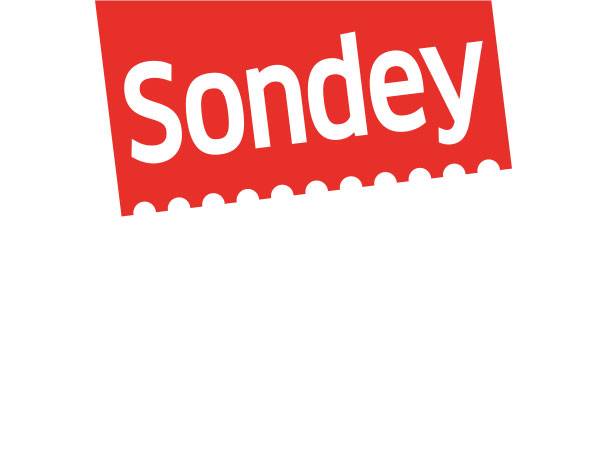 Sondey-Logo auf rotem Hintergrund.