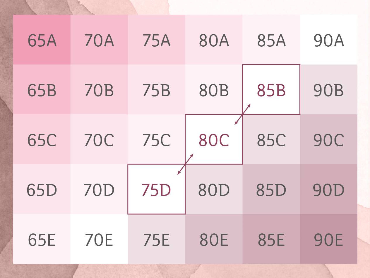 BH-Größentabelle: Größen von 65 bis 90, Körbchengrößen A-E.