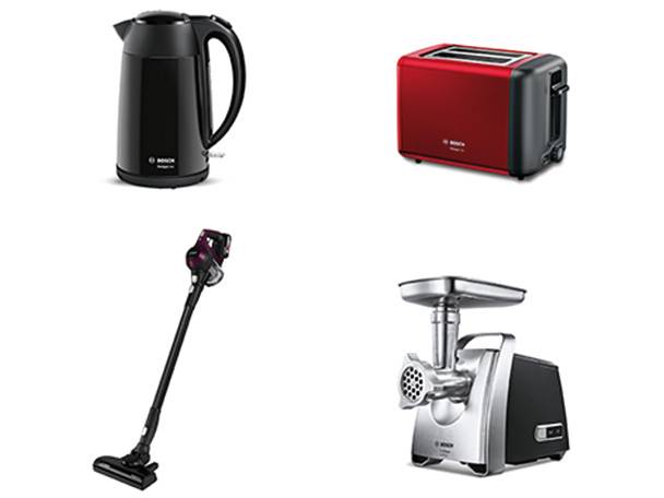 Bosch Wasserkocher, Toaster und Fleischwolf sowie Staubsauger.