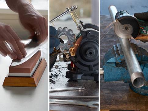 Messerschärfer, Schleifmaschine und Winkelschleifer.