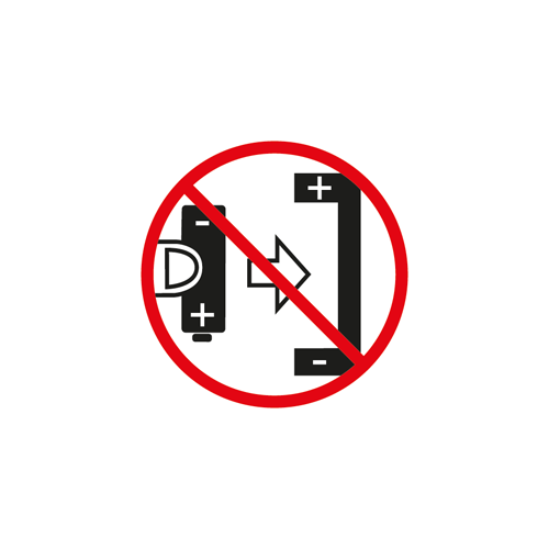 Verbotsschild: Keine D-Batterien in AA-Batteriefächer einlegen.