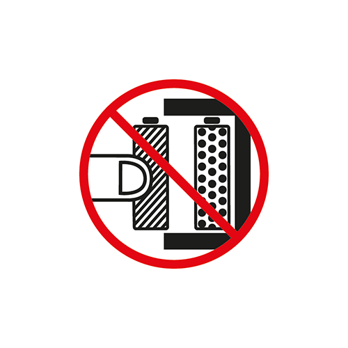 Verbotsschild: Finger nicht zwischen Batterien oder Akkus klemmen.