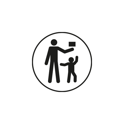 Piktogramm eines Erwachsenen, der einem Kind ein Objekt reicht.