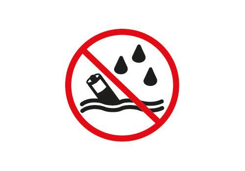 Verbotsschild: Nicht ins Wasser werfen oder Regen aussetzen.