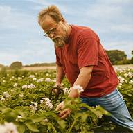 Ein Bauer inspiziert seine Kartoffelpflanzen auf einem Feld.