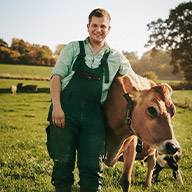 Junger Bauer mit Jersey-Kuh auf der Weide.