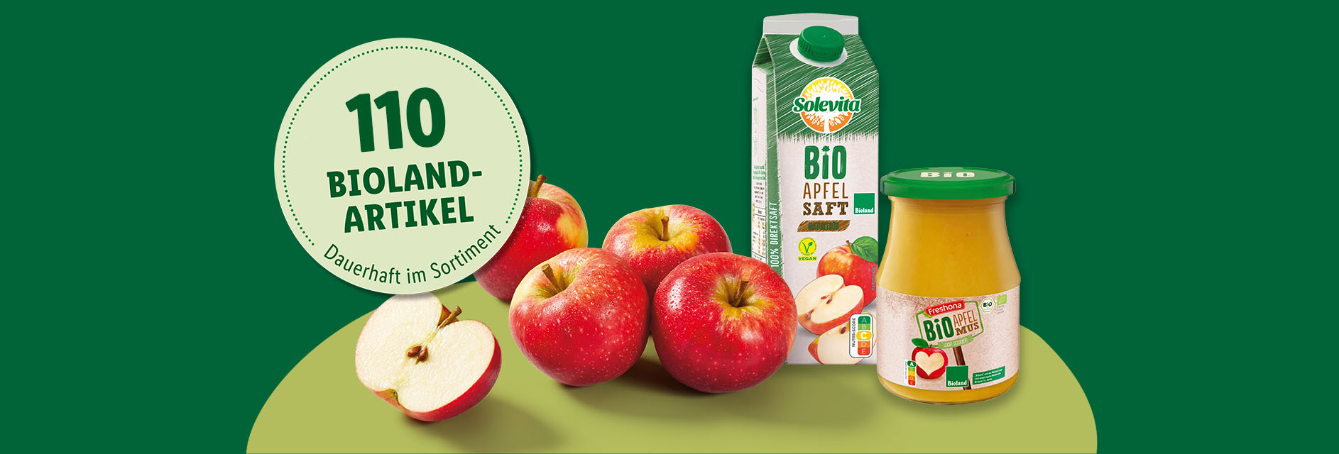 110 Bioland-Artikel dauerhaft im Sortiment: z.B. Solevita Bio Apfelsaft, Freshona Bio Apfelmus und Bio-Äpfel