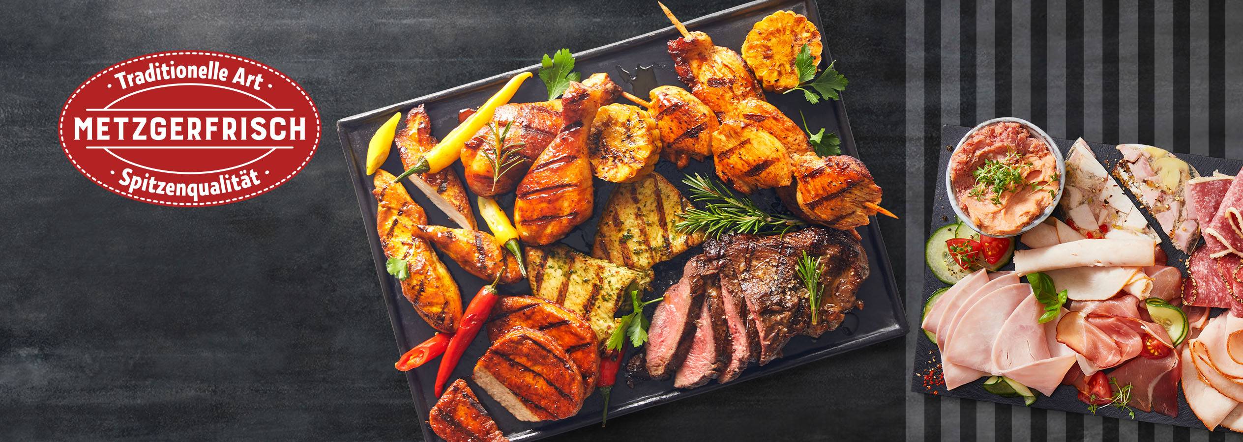 Gegrilltes Hähnchen, Rindfleisch und Metzgfrisch Aufschnitt.