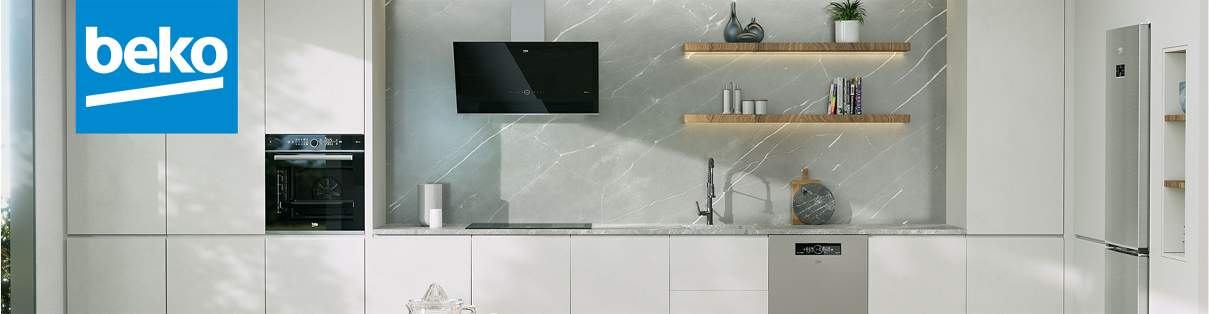 Beko Backofen, Dunstabzugshaube und Spülmaschine in moderner Küche.