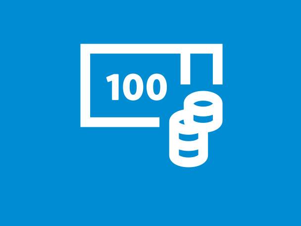 Ein weißes Symbol auf blauem Hintergrund zeigt 100 und zwei Münzen, die einen Geldbetrag darstellen.