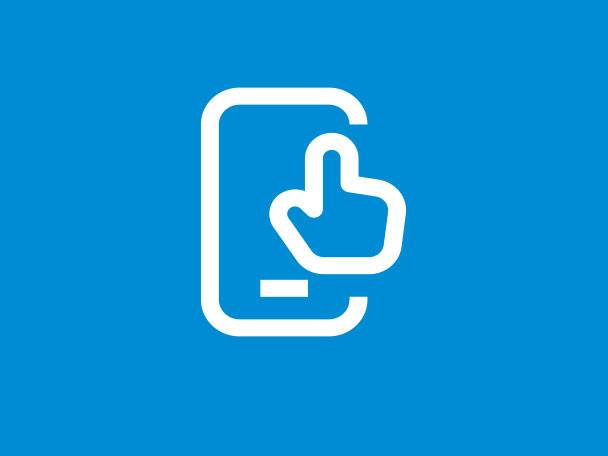 Ein weißes Smartphone-Symbol mit einem Finger, der auf den Bildschirm zeigt, auf blauem Hintergrund.