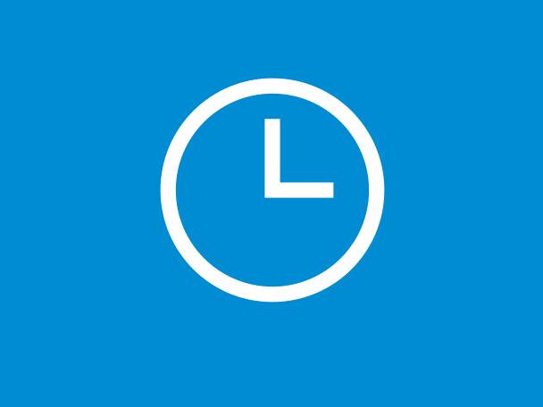 Ein weißes Uhr-Symbol mit einem einzelnen Zeiger auf einem blauen Hintergrund.