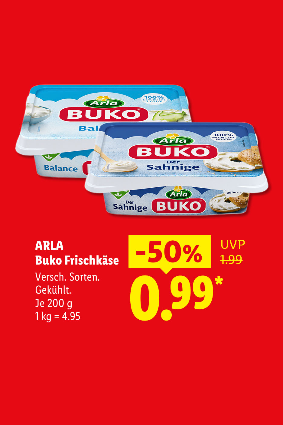 ARLA Buko Frischkäse, verschiedene Sorten, gekühlt, je 200 g (1 kg = 4.95€) -50% billiger für 0.99€*