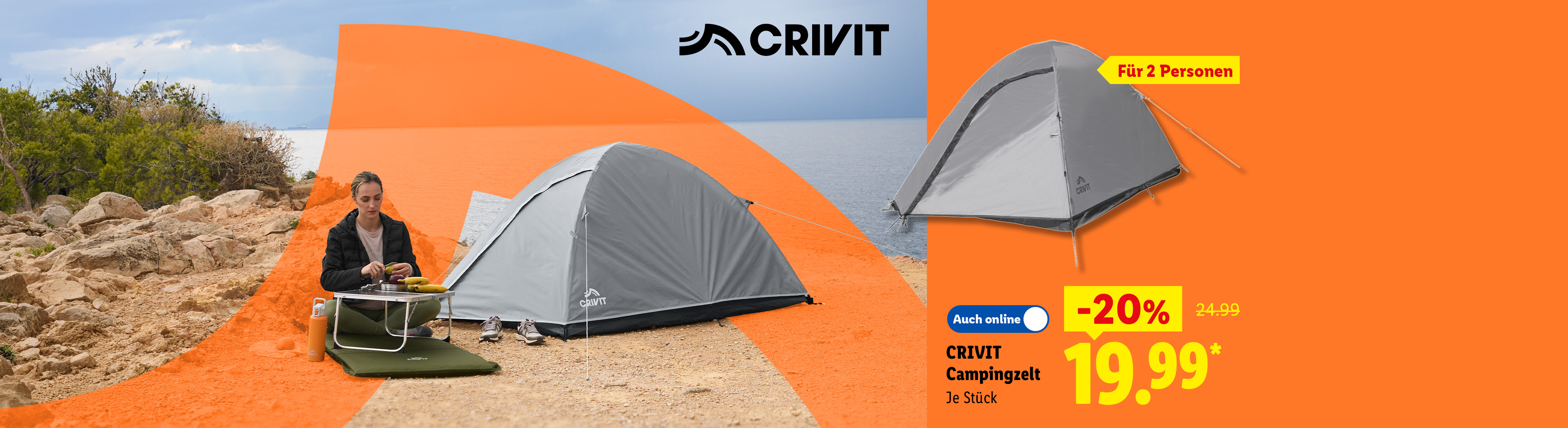 CRIVIT Campingzelt für 2 Personen, je Stück -20% auch online für 19.99€