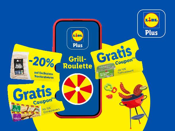 Lidl Plus App mit Grill-Roulette, Coupons für Bratwurst, Kräuterquark und Baguette.