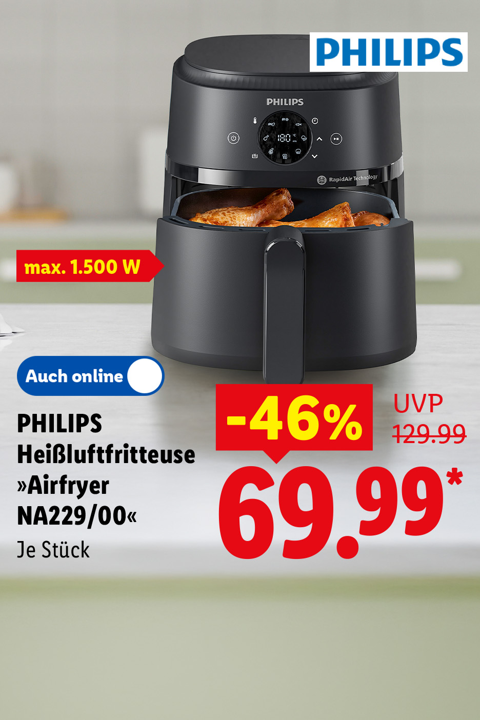 PHILIPS Heißluftfritteuse »Airfryer NA229/00« mit max. 1.500 W Leistung, je Stück auch online 46% günstiger für 69.99 €*.