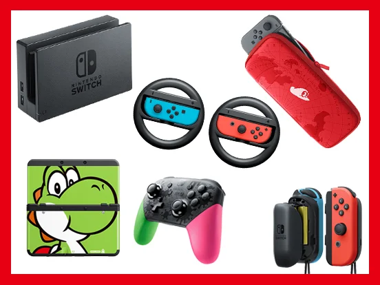 Nintendo Switch Produkte: Dock, Controller, Etui und 3DS-Hülle.