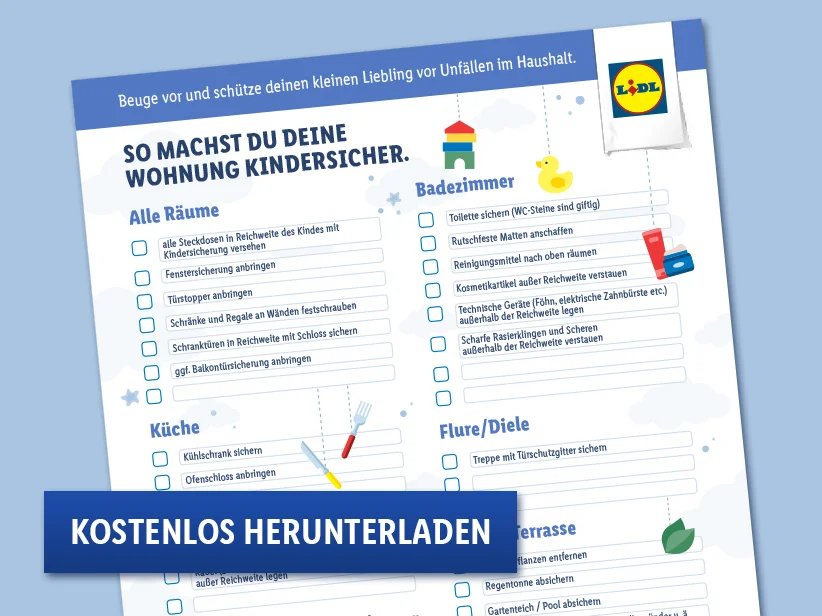 LIDL: Tipps zur Kindersicherung im Haushalt; Küche, Bad und weitere Räume.