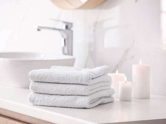 Handtücher und Kerzen im Badezimmer.