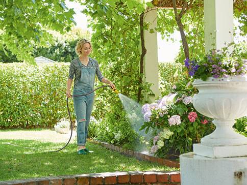 Bewässerungsschlauch und Blumen im Garten.