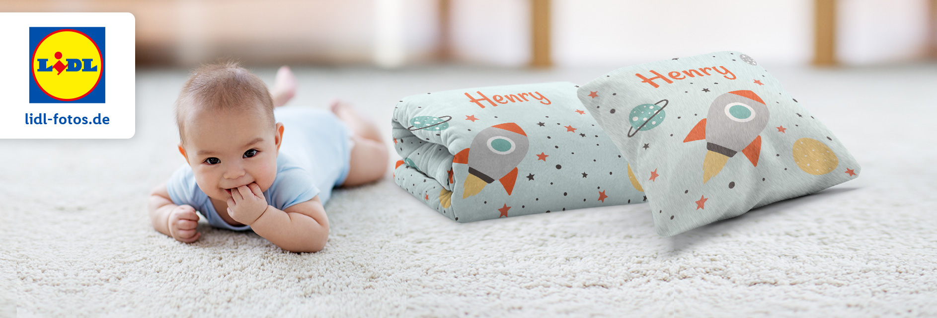 LIDL: Babydecke und Kissen, Raketenmotiv, Name Henry.