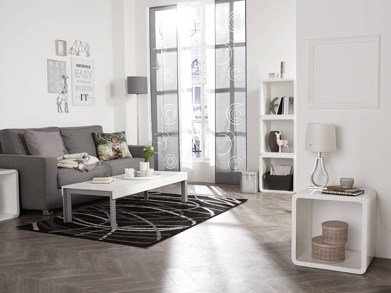 Moderne Couch, Couchtisch und weiße Regale.