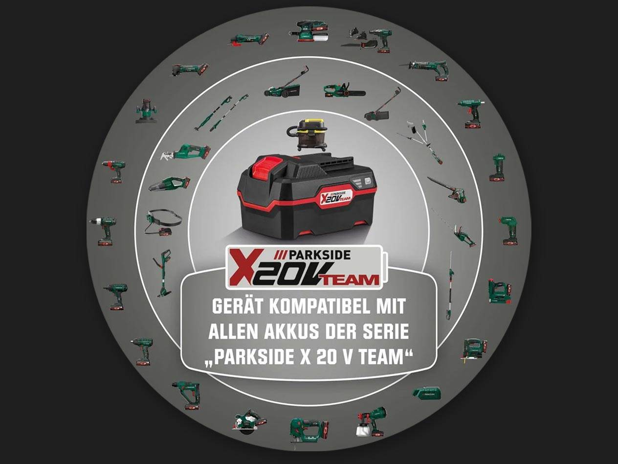 Parkside X20V Team Akkugeräte wie Bohrmaschinen und Trimmer.