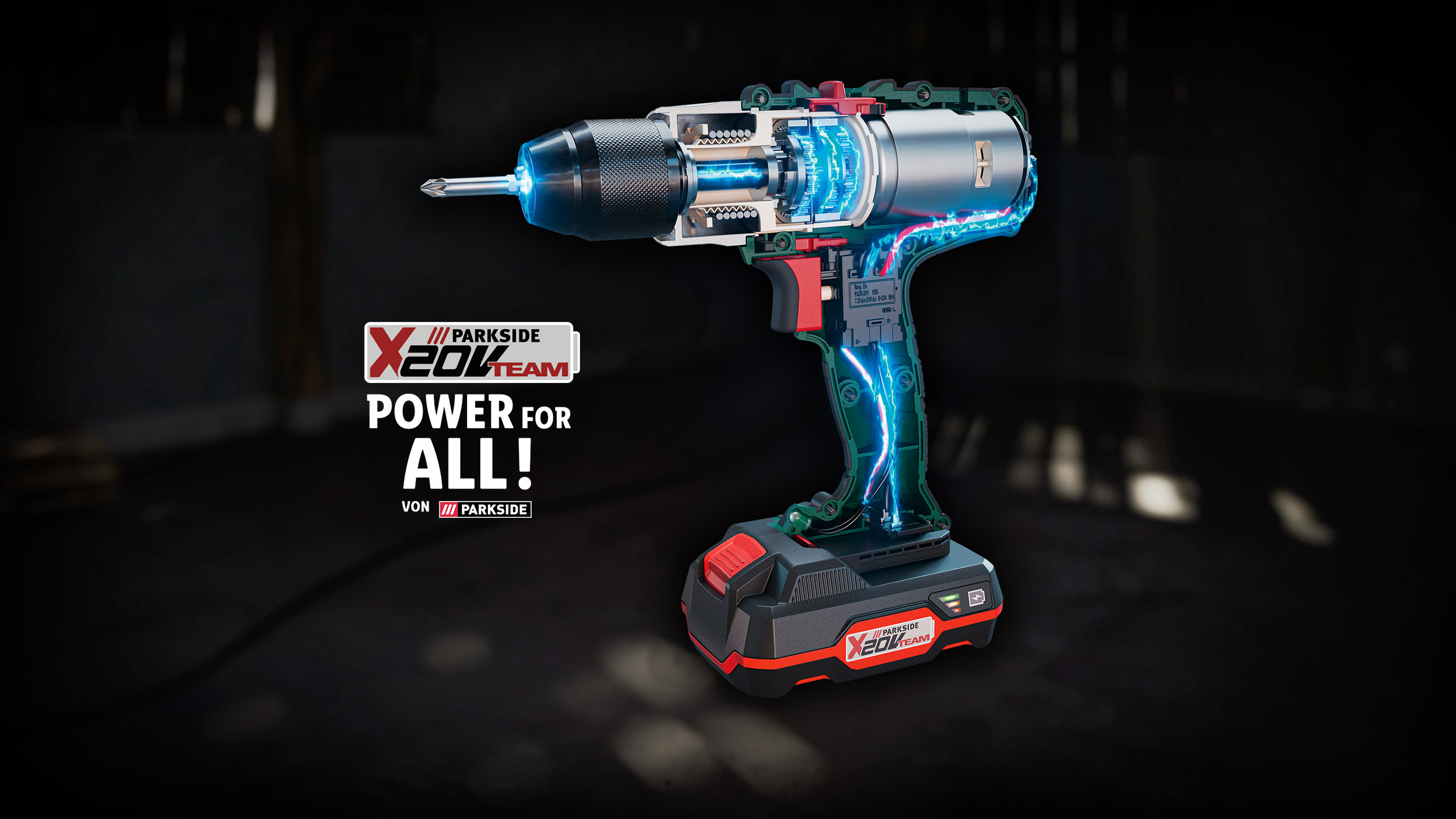 Parkside X20V Team Bohrmaschine und Akku.
