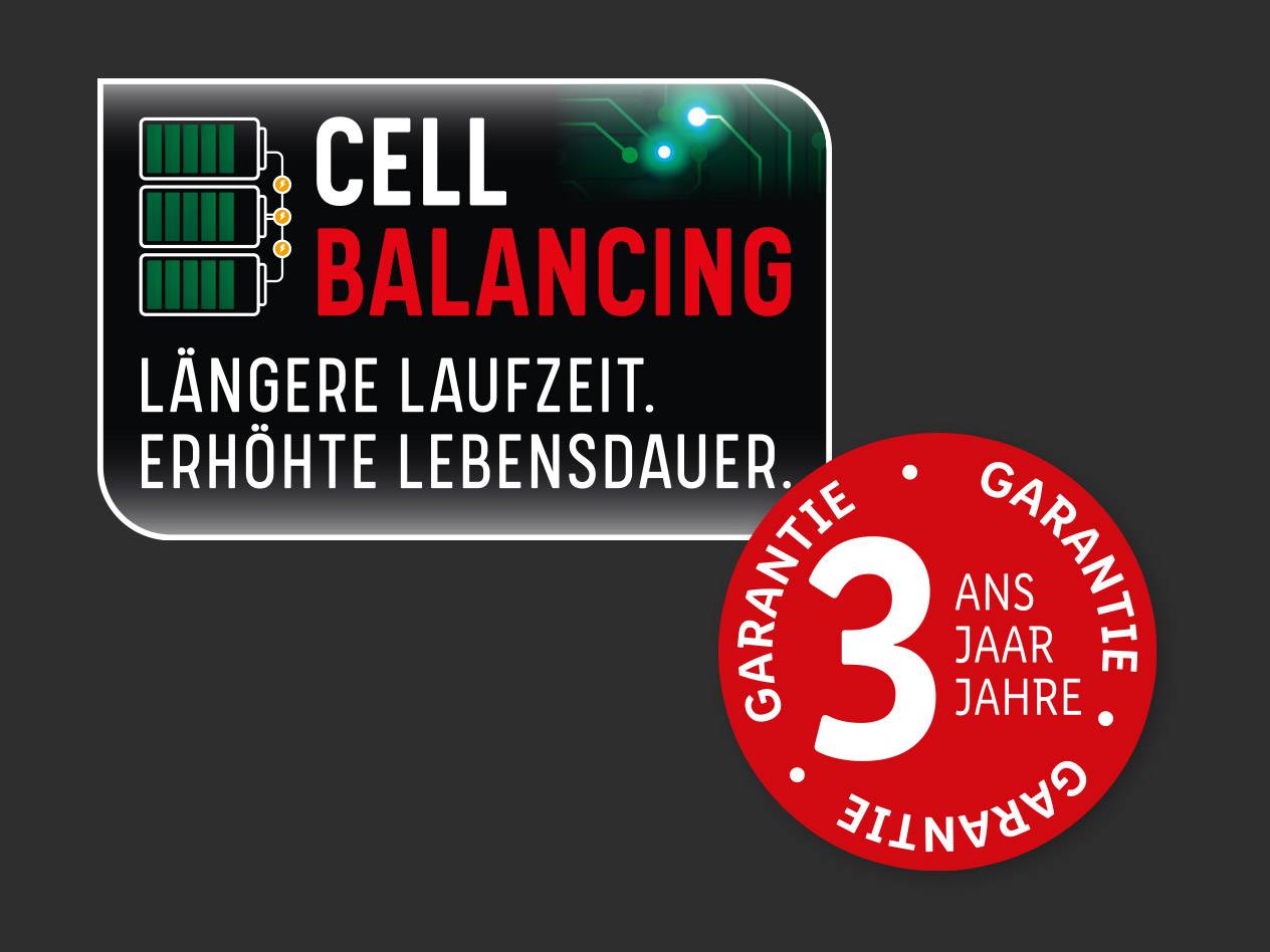 Zellenbalancing, längere Laufzeit, 3 Jahre Garantie.