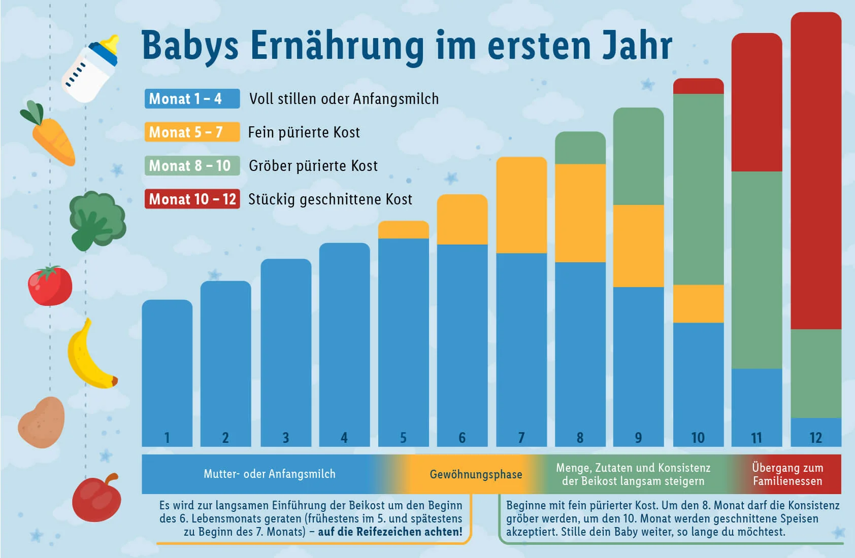 Babyernährung im ersten Jahr: Muttermilch, Brei und feste Nahrung.