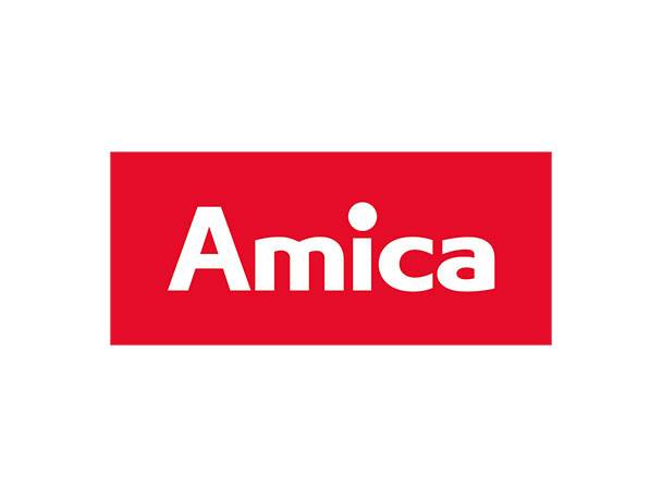 Amica-Logo auf rotem Hintergrund.