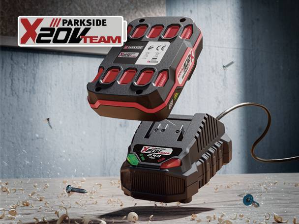 Parkside X20V Team Akku und Ladegerät.