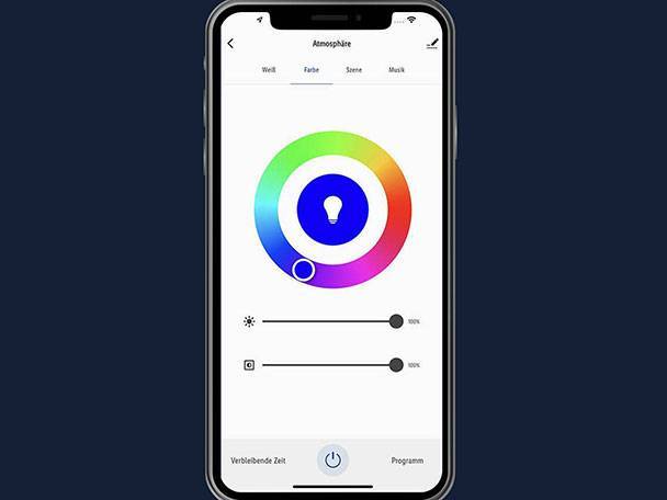 Intelligente Beleuchtung, Steuerung per App: Farbwahl, Helligkeit und Timer.
