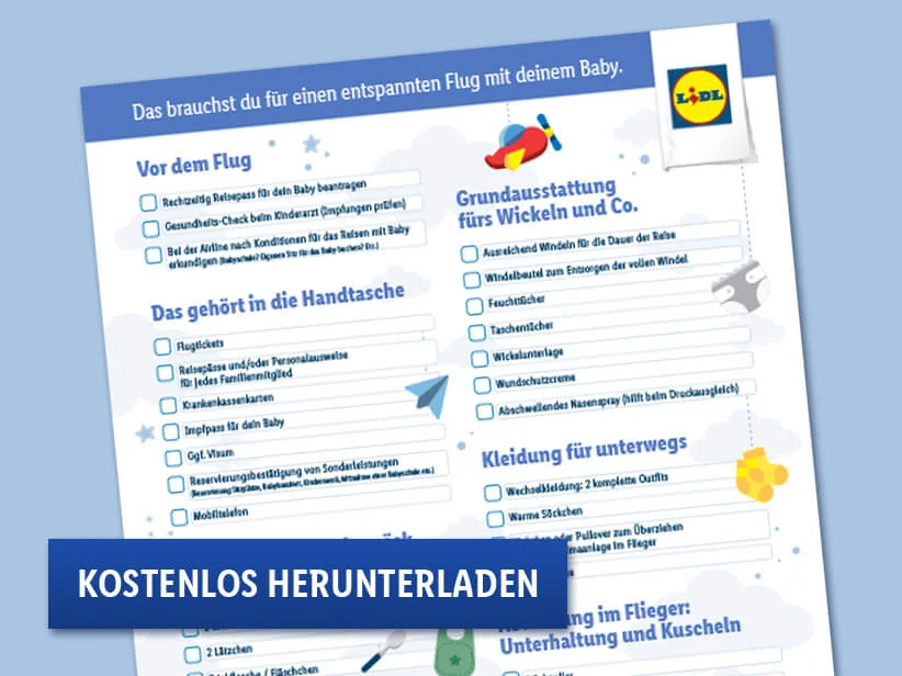 LIDL: Packliste für den Flug mit Baby – Windeln, Kleidung und praktische Checkliste.