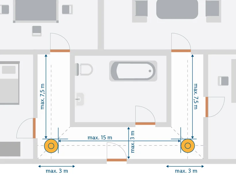 Zwei große Zimmer, Badezimmer und Flur, Maße angegeben.