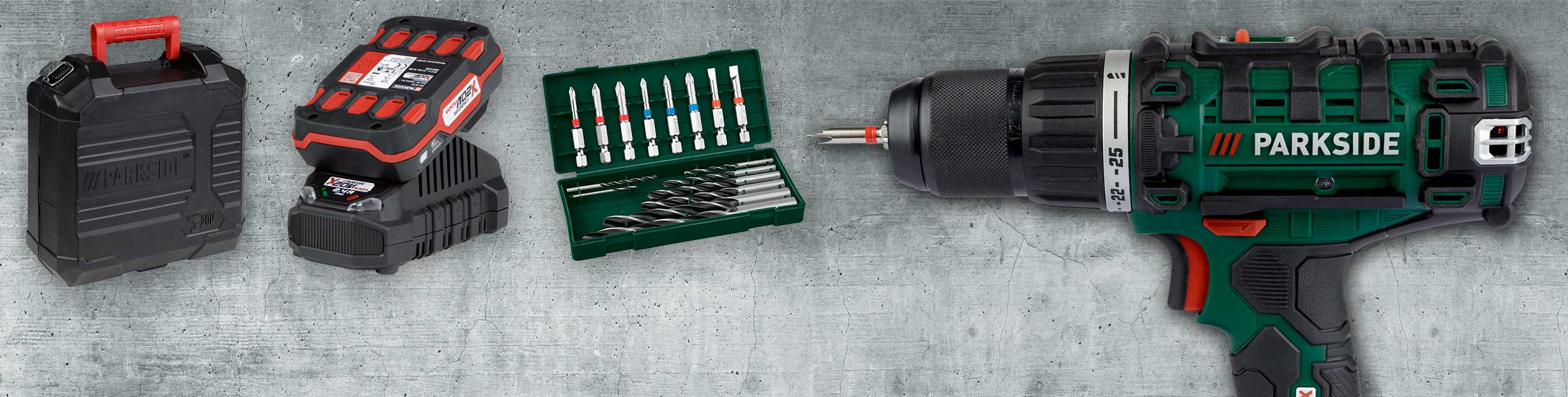 Parkside Bohrmaschine, Akku und Zubehör.