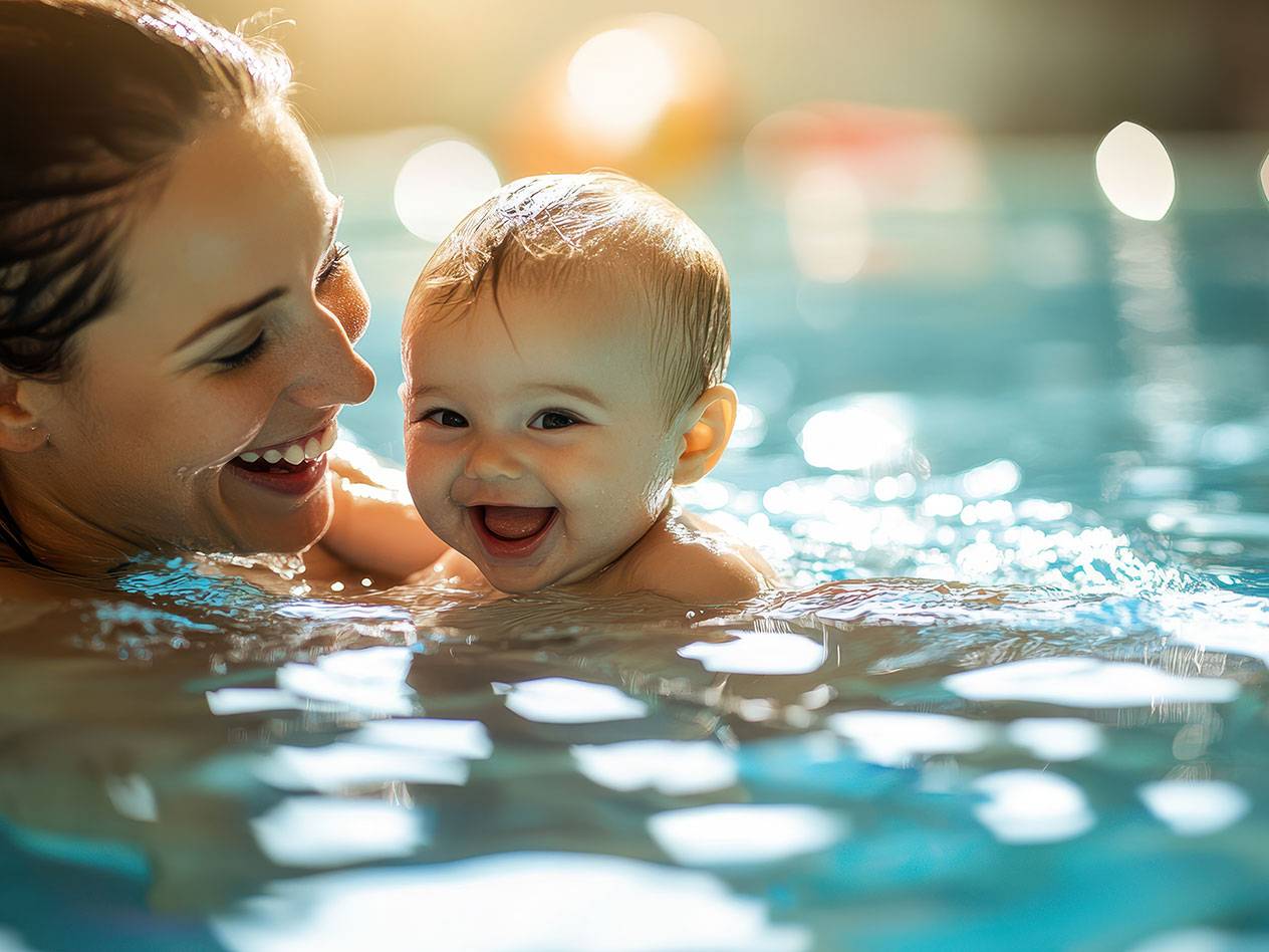 Mutter und Baby schwimmen im Pool.