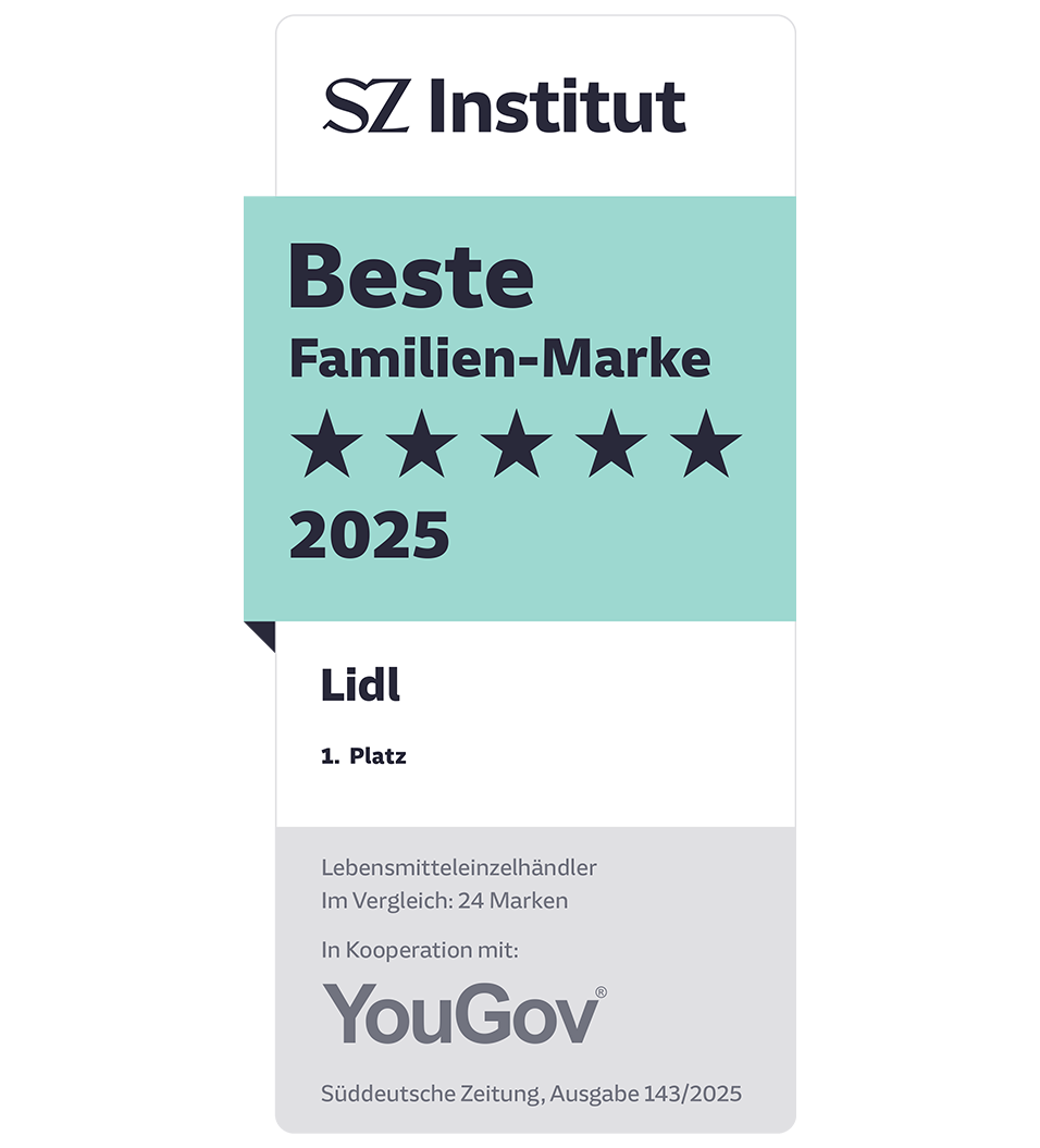 Lidl ausgezeichnet als beste Familienmarke 2025 vom SZ Institut in Kooperation mit YouGov.
