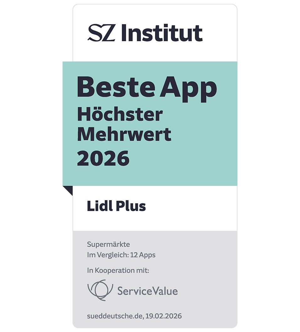 Auszeichnung „Beste App – Höchster Mehrwert 2026“ für Lidl Plus von SZ Institut und ServiceValue.