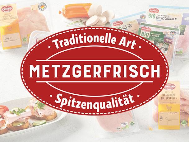 Metzgerfrisch Fleischwaren, darunter Schinken und Aufschnitt.
