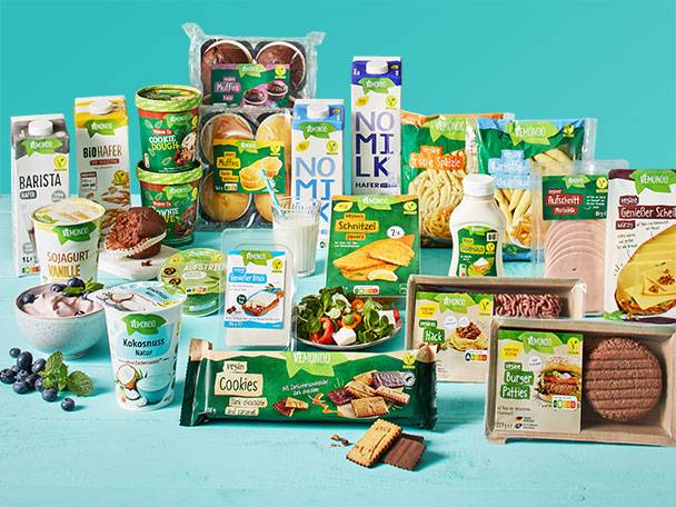 VEMUNDO vegan Sortiment: Joghurt, Pflanzenmilch, Burgerpatties und Backwaren.