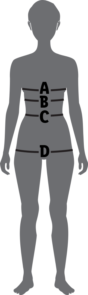 Kleidungsgrößentabelle: Brust, Taille, Hüfte, Größe.