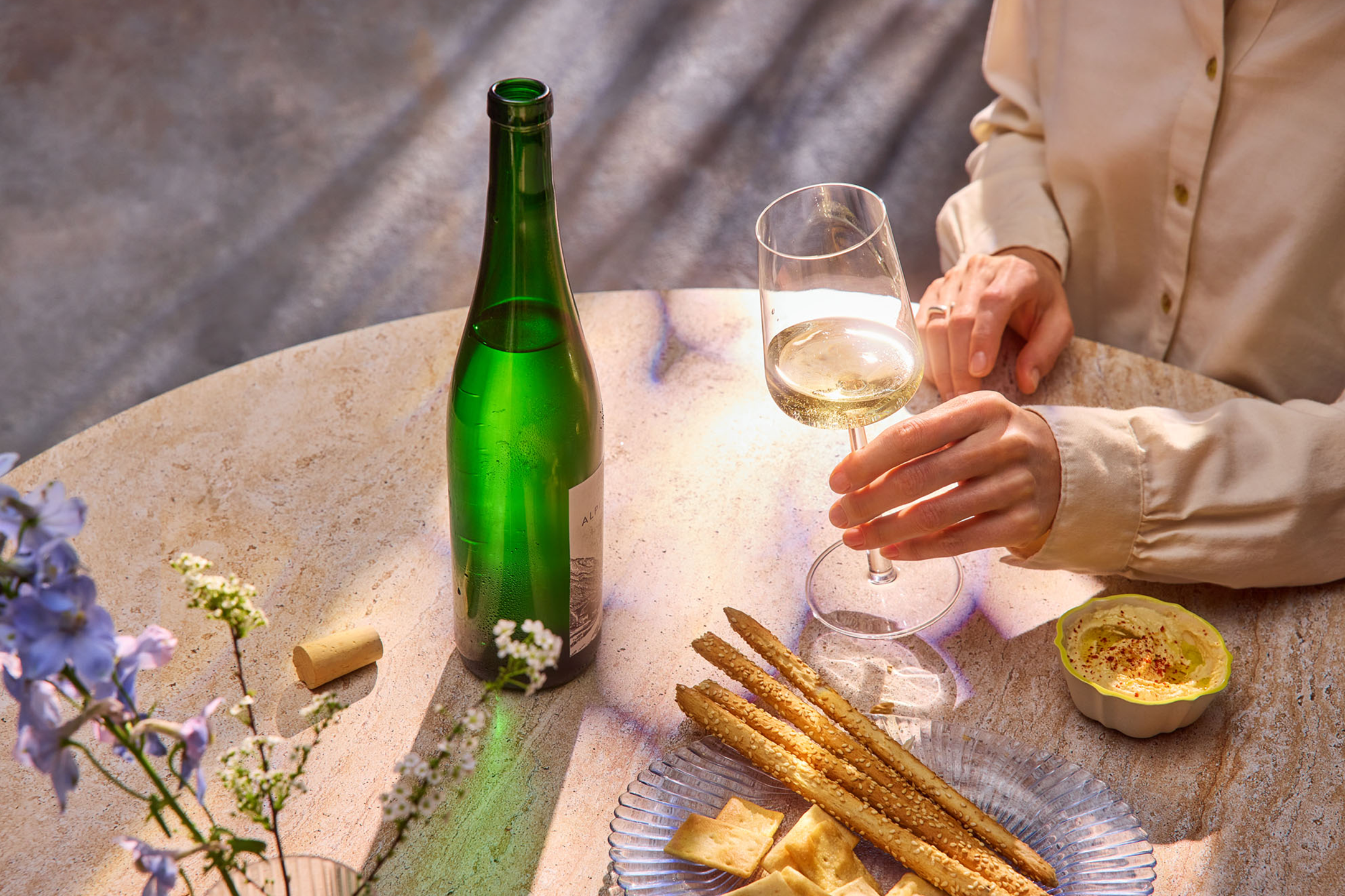 Weißwein, Grissini und Hummus.